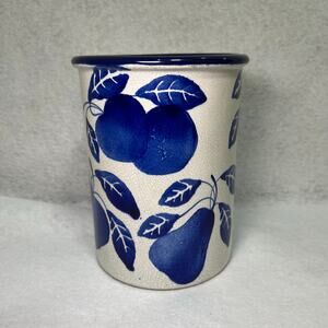 Crate & Barrel Ceramiche Alfa Hand Painted Crock Wine Utensil Holder Blue Fruit
